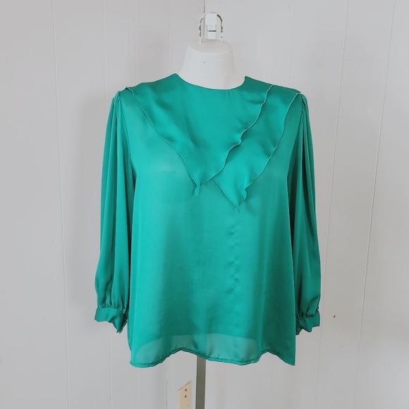 Vintage 70s Dressy Sheer Green Blouse Business Office Party Academia Preppy - Picture 1 of 13